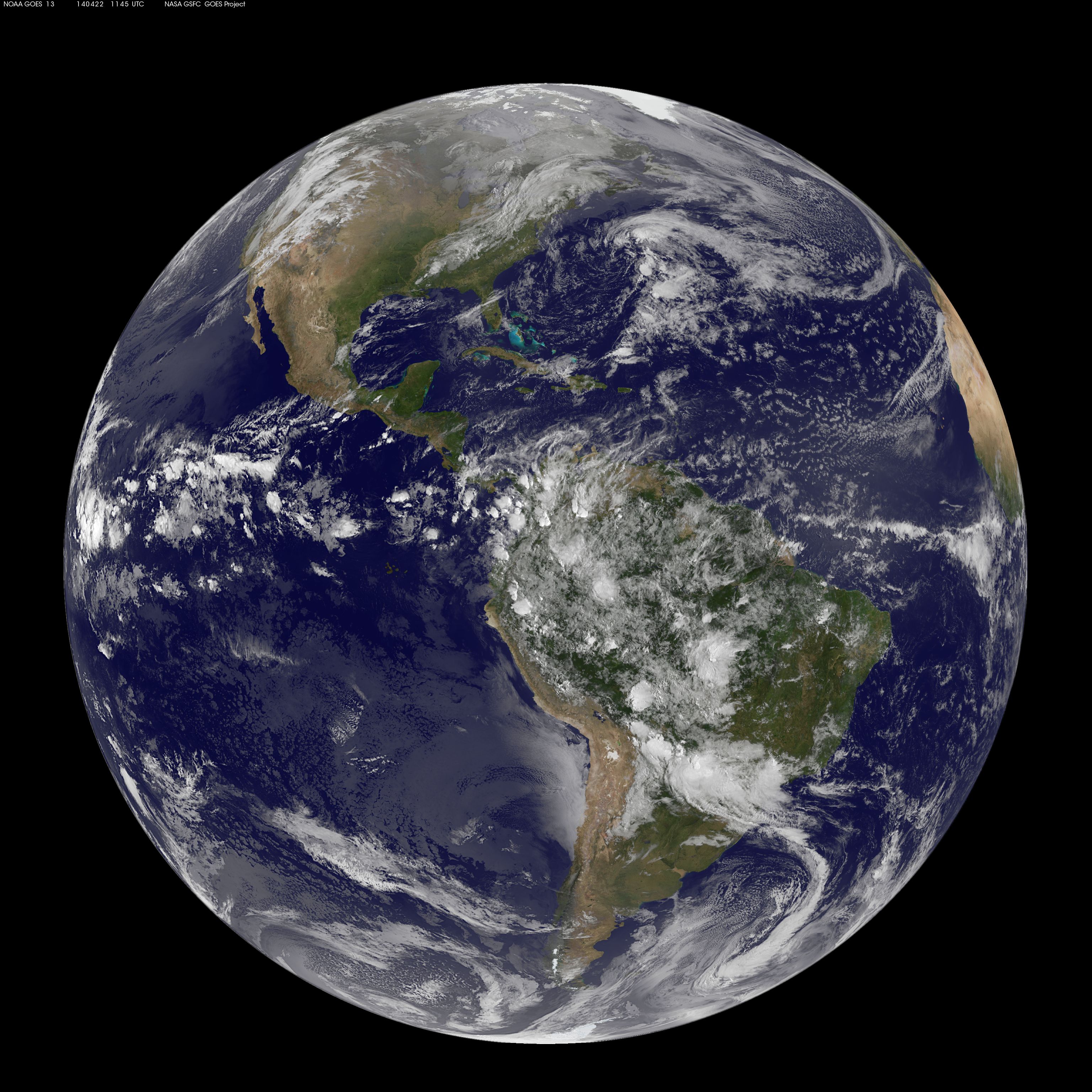 NASA GOES-13 full-disc view of Earth centered on the Americas